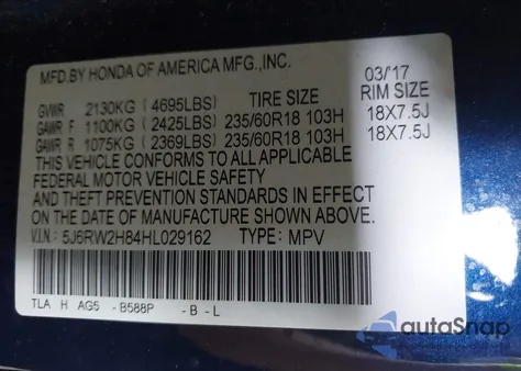 2017 Honda Cr-V Ex-L/Ex-L Navi из США, поврежденный, VIN 5J6RW2H84HL029162